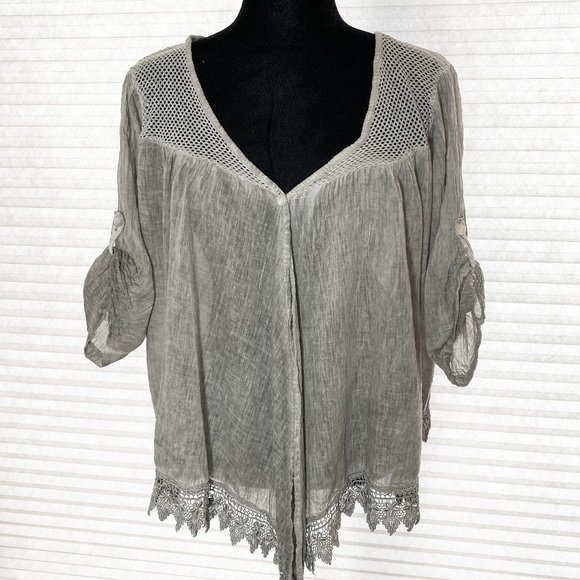 Flare Semi Sheer Grey Cotton Cover Up Top Lace Fringe Edge - Picture 1 of 8
